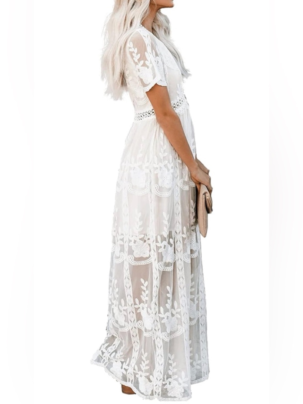 NWOT Deep V Neck Short Sleeve Floral Lace Dress Long Bridal Shower Maxi Dresses - Picture 4 of 15